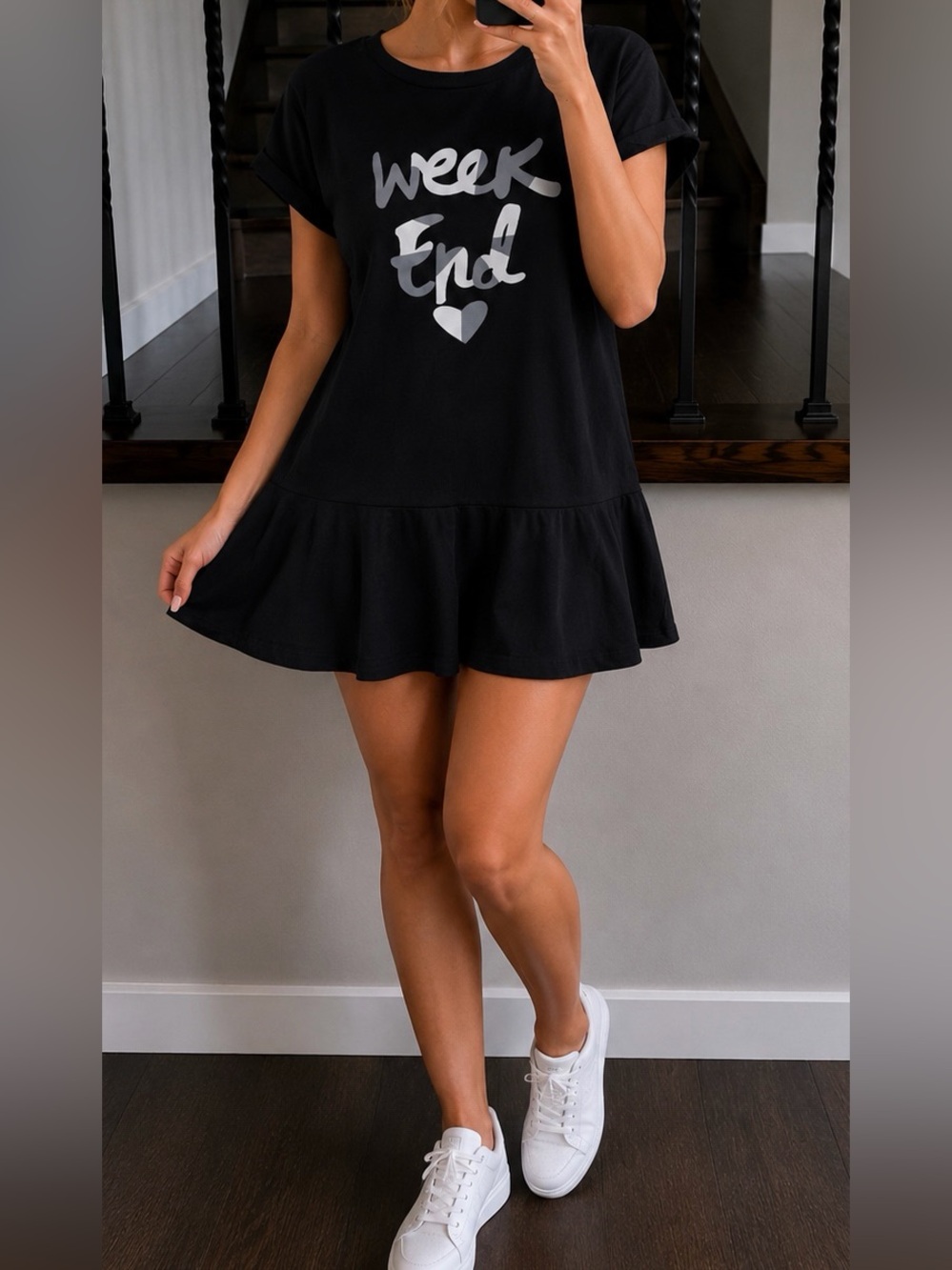 Black "Week End" Ruffle Hem Tee Dress